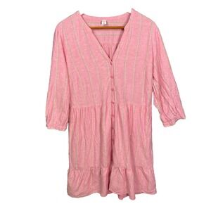 Old Navy Linen Blend Dress Cottagecore Prairie Boho Button Up Pink Striped XL